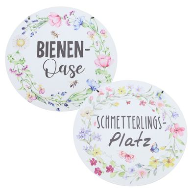Rundes Metallschild 20 cm mit Blumenkranz - wetterfeste Garten Deko Biene & Schm