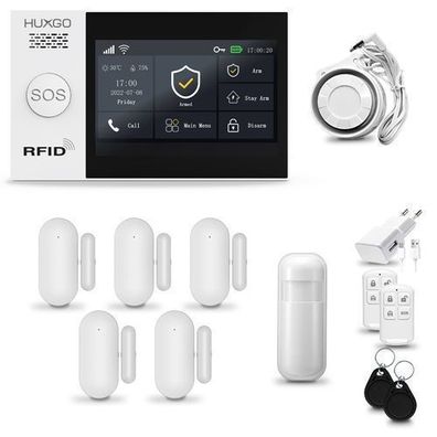 Funk Alarmanlage Set WiFi + GSM 4G LTE mit Sirene, 5x Tür- Fenstersensor HXA007
