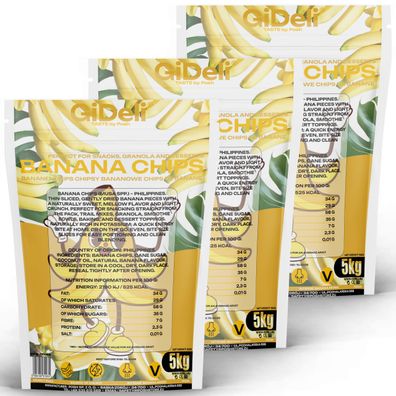 Bananenchips 15kg Ungesüßt Getrocknete Bananen Palmölfrei Snack Müsli GiDeli