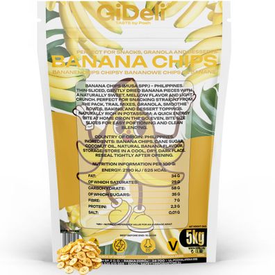 Bananenchips 5kg Ungesüßt Getrocknete Bananen Palmölfrei Snack Müsli GiDeli