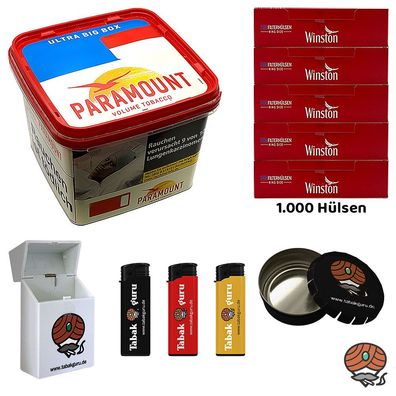 Paramount Volumentabak Ultra Big Box 530g, Winston Hülsen, Ascher Feuerzeuge Box