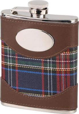 Flachmann Edelstahl, Leder, Karo, 6 oz / 180 ml, Gravurfeld
