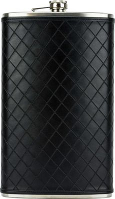 Flachmann Edelstahl/Kunstleder, schwarz, Raute, 64oz/1920ml mit Bügel