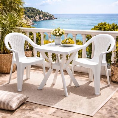 3tlg Bistrogarnitur Gartenmöbel Kunststoff Bistrotisch 70x70cm Stapelstühle Weiß