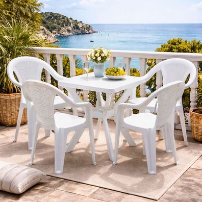5tlg Bistrogarnitur Gartenmöbel Kunststoff Bistrotisch 70x70cm Stapelstühle Weiß