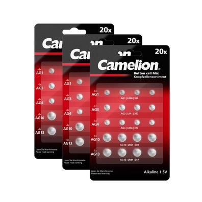 Camelion 60tlg. Knopfzellen Set Alkaline AG1 AG3 AG4 AG10 AG13 Batterien LR44