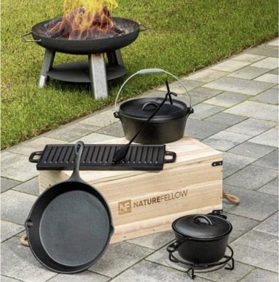 Dutch Oven Kochtopf Set 9-teilig Holzkiste 55x24x35cm Topf 4l + 1,8l Pfanne 2,5l