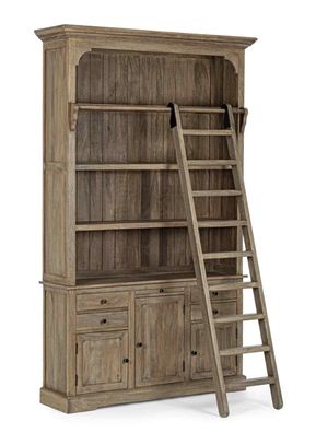 Bücherschrank Domitille aus Mangoholz, Landhausstil, natur, inklusive Leiter und