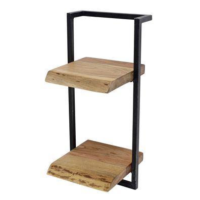 Wandregal Akazie massiv, Industrial Design mit Baumkante, Metallrahmen schwarz,