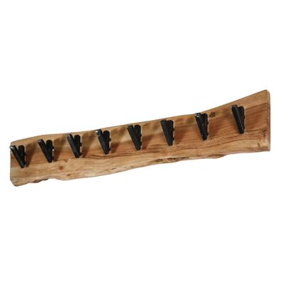 Garderobe aus Akazienholz massiv, modernes Wandpaneel mit 8 Haken, Natur,