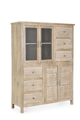 Highboard Mayra aus Mangoholz, klassisch handgefertigt, Natur, 110 cm Breite,