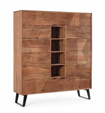 Highboard Isar aus Akazienholz, handgefertigte Schnitzereien, klassisch, natur,