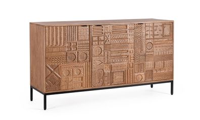 Sideboard Kindia aus Mangoholz, handgefertigte Schnitzereien, Retro Chic, braun,