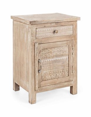 Nachttisch Mayra aus Mangoholz, klassischer Stil, natur, mit Schublade und Tür, 44 cm