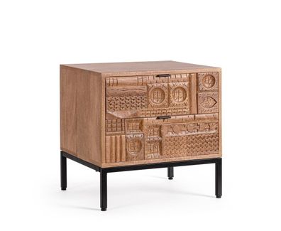 Nachttisch Kindia aus Mangoholz, handgefertigte Front, Retro Chic, braun, mit 2 Schub