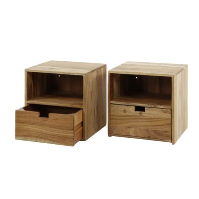 Nachttisch Qidero 2er-Set Akazienholz massiv, modern, Natur, mit Schublade und offene