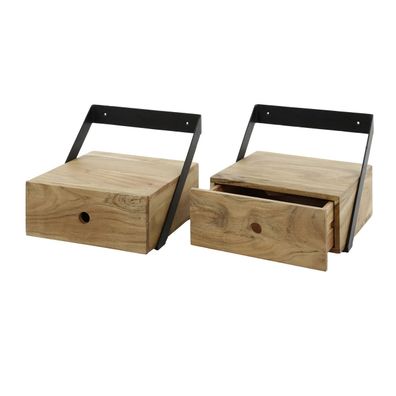 Nachttisch 2er-Set Akazie massiv, modern schwebend, Natur, mit 1 Schublade und Griffm
