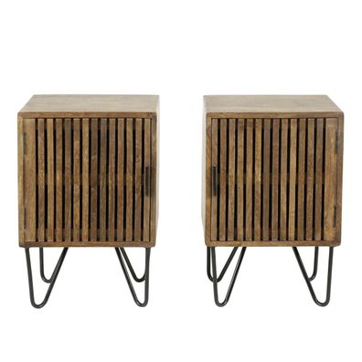 Nachttisch 2er-Set Mangoholz massiv, modern mit Lamellen-Design, Braun, schwarze Meta