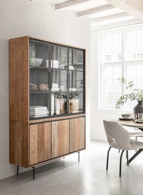 Vitrine Metropole aus Teak und Metall, Industrial Design, natur und schwarz, 3