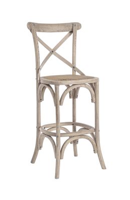 Barhocker Cross aus Ulmenholz, klassisch gepolstert, Rattansitz, Natur,
