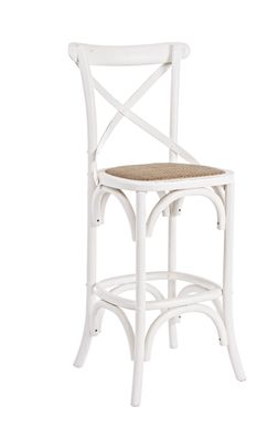 Barhocker Cross aus Ulmenholz, klassischer Stil, Weiß, Sitzfläche aus Rattan