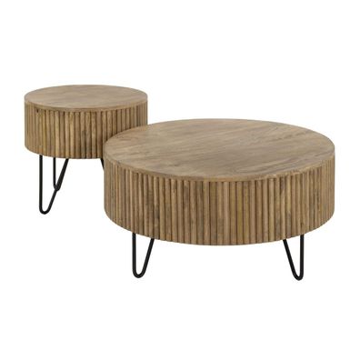 Couchtisch 2er-Set Vagula aus Mangoholz, Wellenmuster, modern rund, natur,