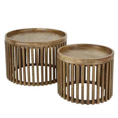 Couchtisch 2er-Set Mangoholz, modern mit Stauraum, rund, Braun, Lamellen Design,