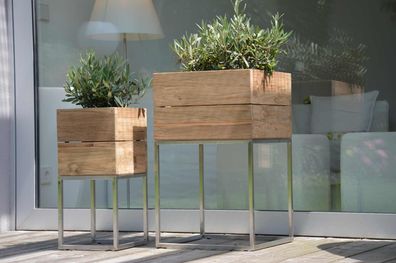 Pflanzenbehälter Mini Garden aus recyceltem Teak, modern, natur, für Outdoor, 25x25x5