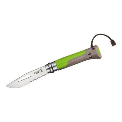 Opinel Einhandmesser Outdoor 08, Teilwellenschliff, Signalpfeife, grün