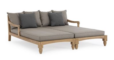 Daybed Bali aus Teakholz, modern und massiv, gepolstert in Grau, Kissen mit