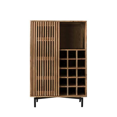 Weinschrank Fovale aus massivem Akazienholz, modernes Lamellen-Design, Natur,