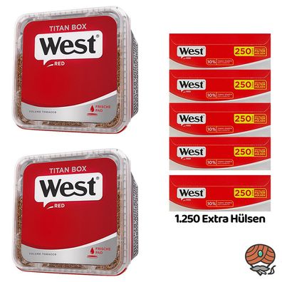 WEST Red/Rot Volumentabak Titan Box 2x 265g, 1250 Extra Hülsen