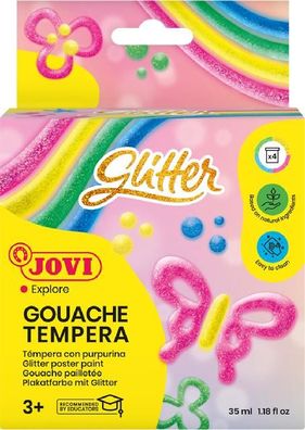 Jovi Flüssige Plakatfarbe glitter 4er Schachtel, mit Pinsel, sortiert