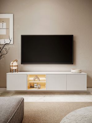 XXL Hängendes TV-Lowboard LIBA LB-05B (195 cm) – Weiß &amp; Glas inkl. LED