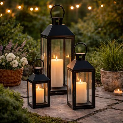 3er Deko Laternen Set Schwarz Gartenlaterne Windlicht Metall Außen H23/39/49cm