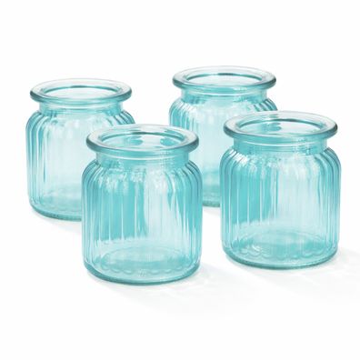 Windlicht Glas gerillt 8x9cm 4er Set türkis