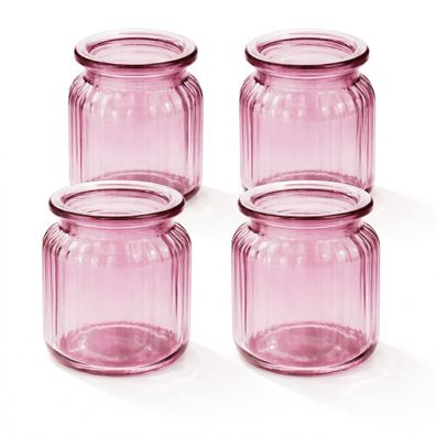 Windlicht Glas gerillt 8x9cm 4er Set rosa
