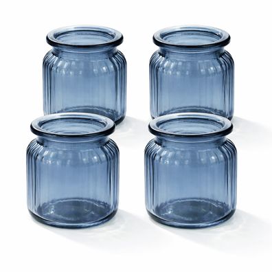 Windlicht Glas gerillt 8x9cm 4er Set dunkelblau
