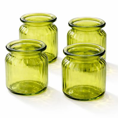 Windlicht Glas gerillt 8x9cm 4er Set grün