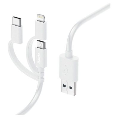 Hama 3in1 Multi-Ladekabel, USB-A - Micro-USB, USB-C und Lightning, 1,0 m, Weiß