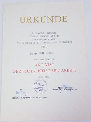 DDR Urkunde Aktivist der sozialistischen Arbeit Ribnitz Damgarten 1984