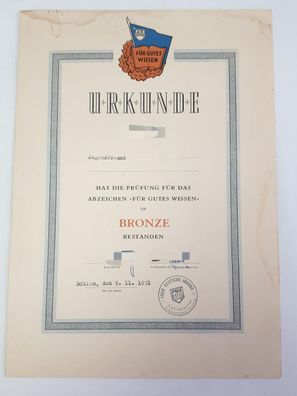 DDR Urkunde FDJ Für gutes Wissen in Bronze 1951