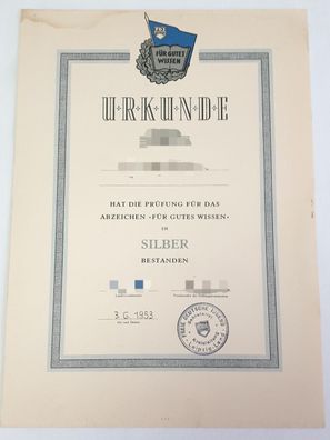 DDR Urkunde FDJ Für gutes Wissen in Silber 1953