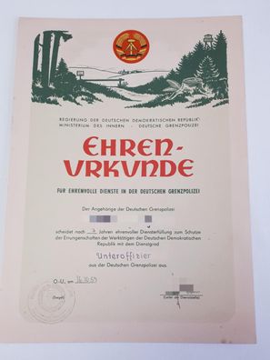 DDR MdI Ehrenurkunde Für ehrenvolle Dienste in der deutschen Grenzpolizei 1957
