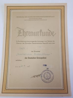 DDR MdI Ehrenurkunde Vorbildlicher Postenführer der Deutschen Grenzpolizei 1955