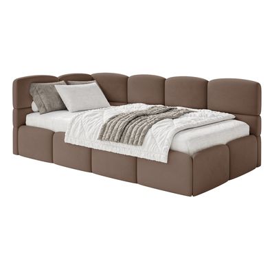 Selsey Cloudy - Jugendbett 120 cm, Bettkasten, Velours wasserabweisend, Kopfteil link