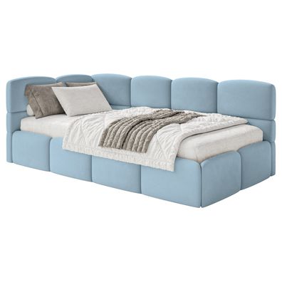 Selsey Cloudy - Jugendbett 120 cm, Bettkasten, Velours wasserabweisend, Kopfteil link