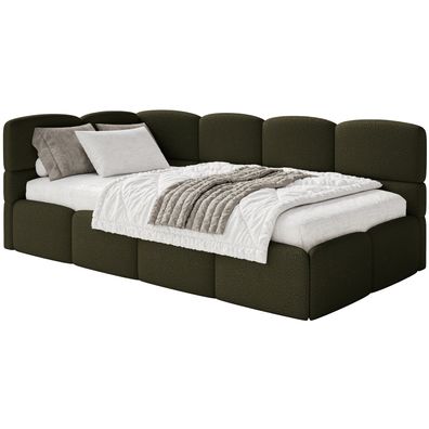 Selsey Cloudy - Jugendbett 120 cm, Bettkasten, Bouclé, Kopfteil links, Olivgrün