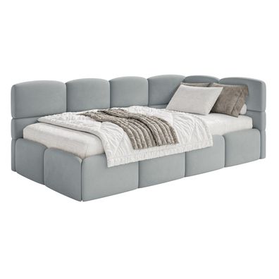 Selsey Cloudy - Jugendbett 120 cm, Bettkasten, Velours wasserabweisend, Kopfteil rech