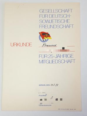 DDR Urkunde Gesellschaft f. Deutsch-sowjetische Freundschaft 25jährige Mitgliedschaft